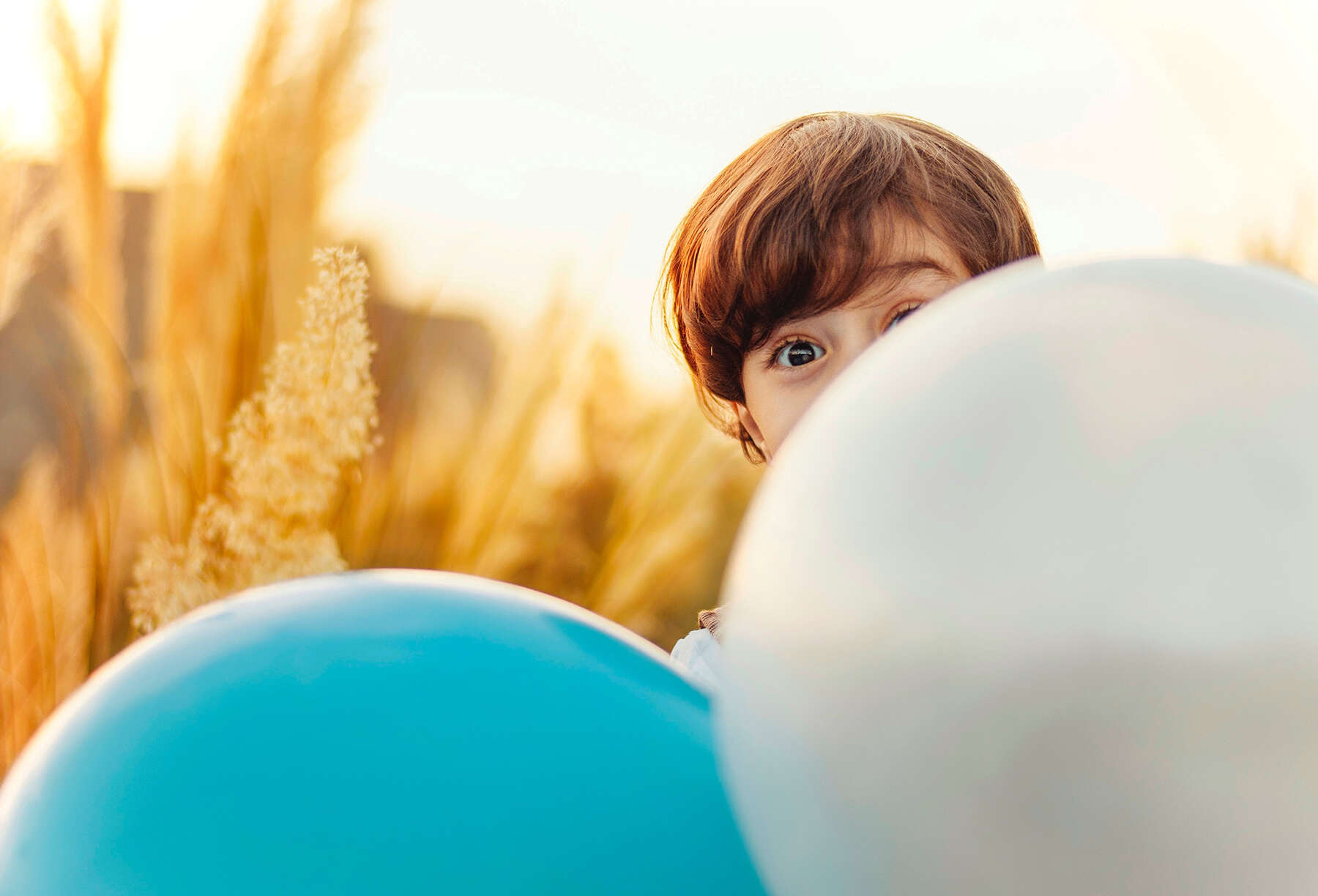 A boy is looking through the balloons in his hand.
